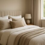A cozy, neutral-toned bedroom featuring a neatly made bed with soft pillows and a lamp, inviting a sense of tranquility.