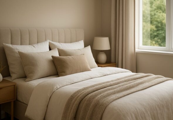 A cozy, neutral-toned bedroom featuring a neatly made bed with soft pillows and a lamp, inviting a sense of tranquility.