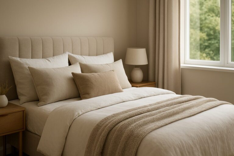 A cozy, neutral-toned bedroom featuring a neatly made bed with soft pillows and a lamp, inviting a sense of tranquility.
