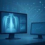 An illustration of two computer monitors displaying diagnostic images and data with a technological background.