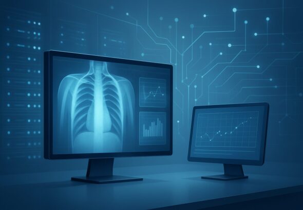 An illustration of two computer monitors displaying diagnostic images and data with a technological background.