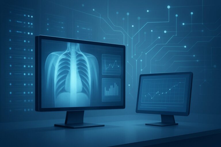 An illustration of two computer monitors displaying diagnostic images and data with a technological background.