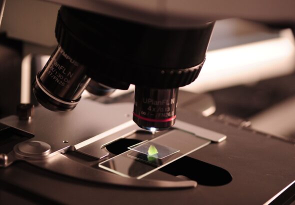 Close-up of a microscope lens focused on a slide with a leaf sample